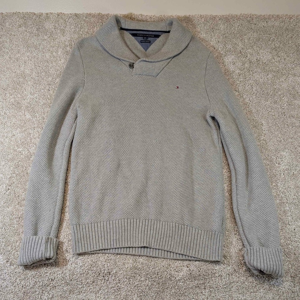 Tommy Hilfiger Men's Gray Shawl‎ Collar Sweater Cotton Wool Blend Button Neck
